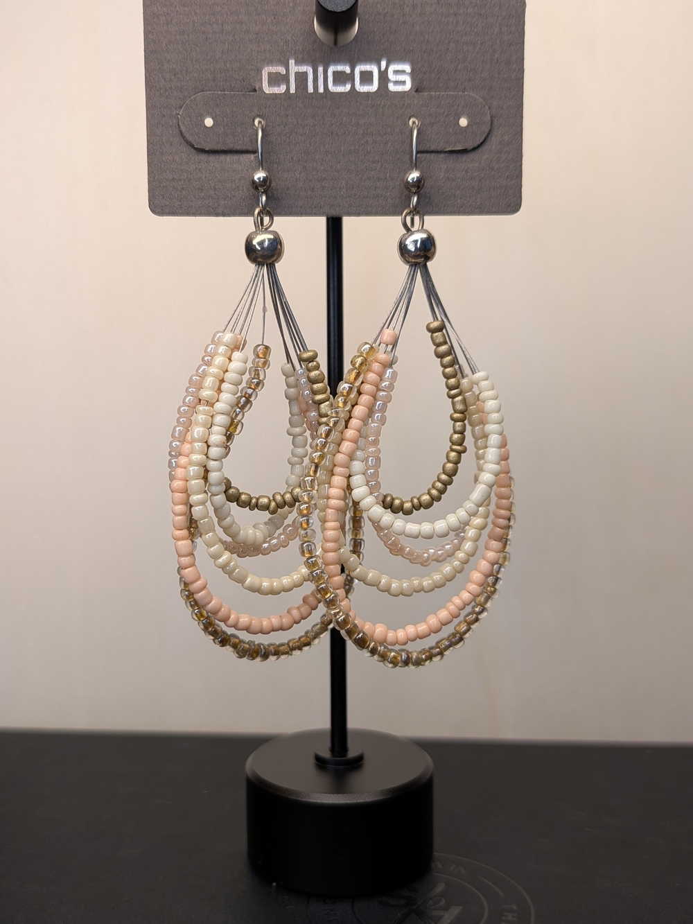 Chico's Multi-Strand Beaded Teardrop Earrings in Peach & Ivory